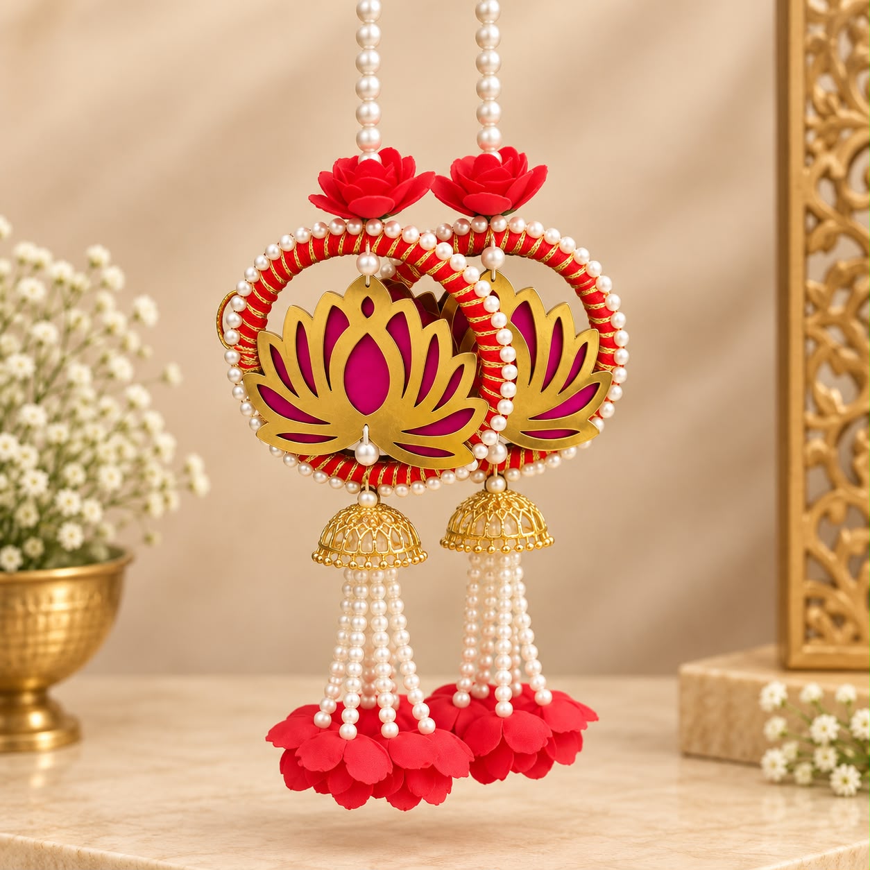 Product Name: Red Lotus & Pearl Hanging Latkan Pair