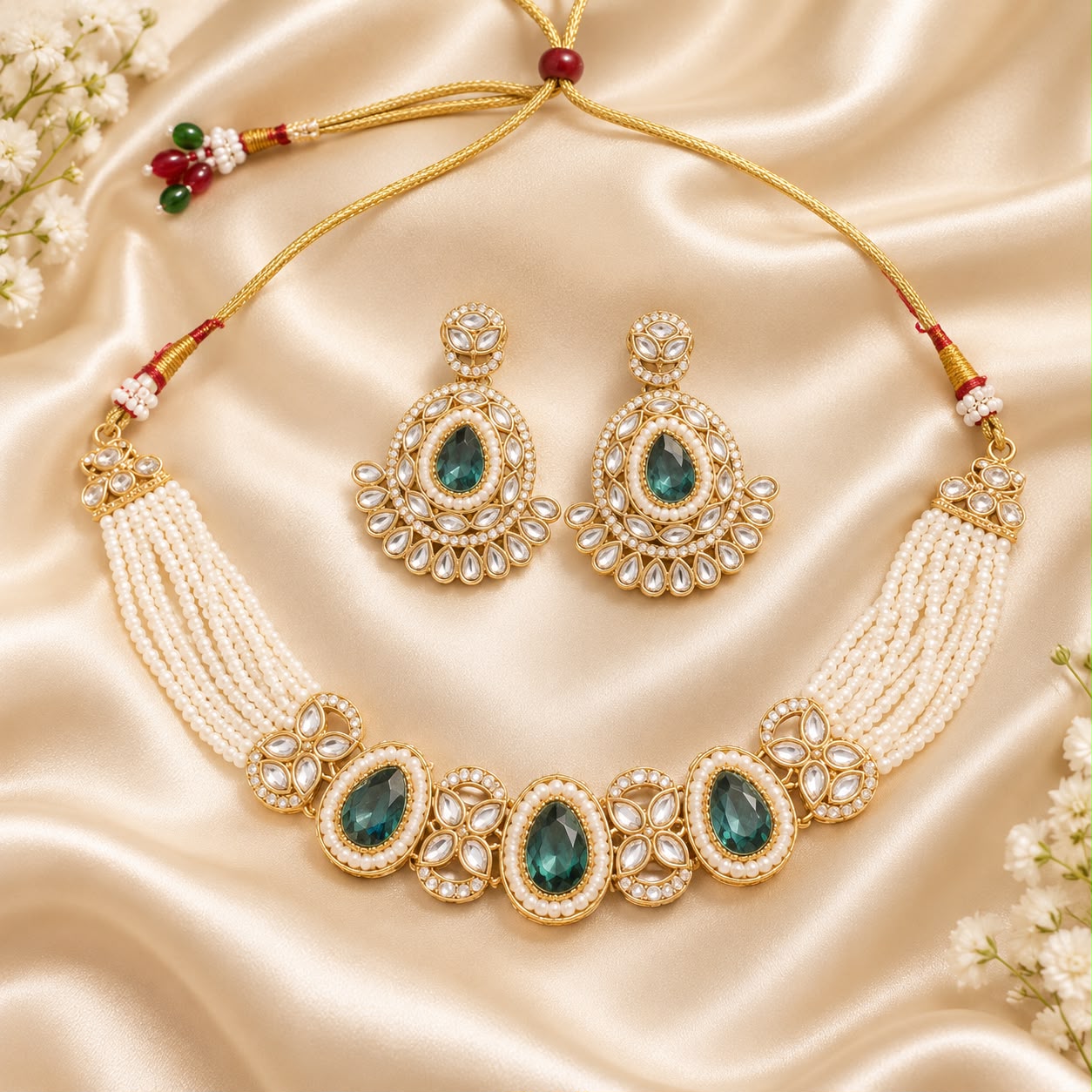 Emerald Green Kundan Pearl Necklace Set with Matching Earrings
