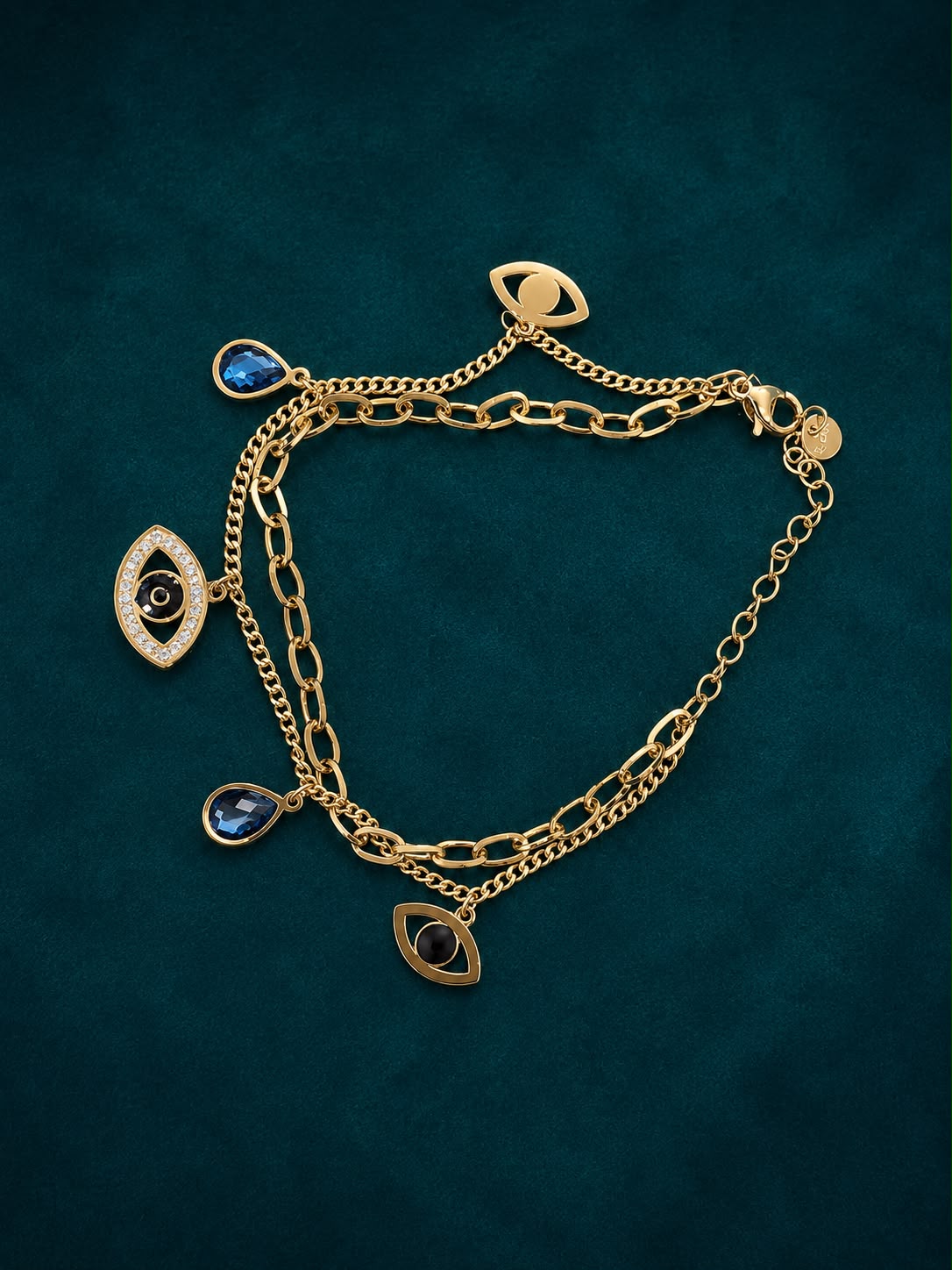 Luxury Layered Evil Eye Charm Bracelet – Gold & Sapphire Blue