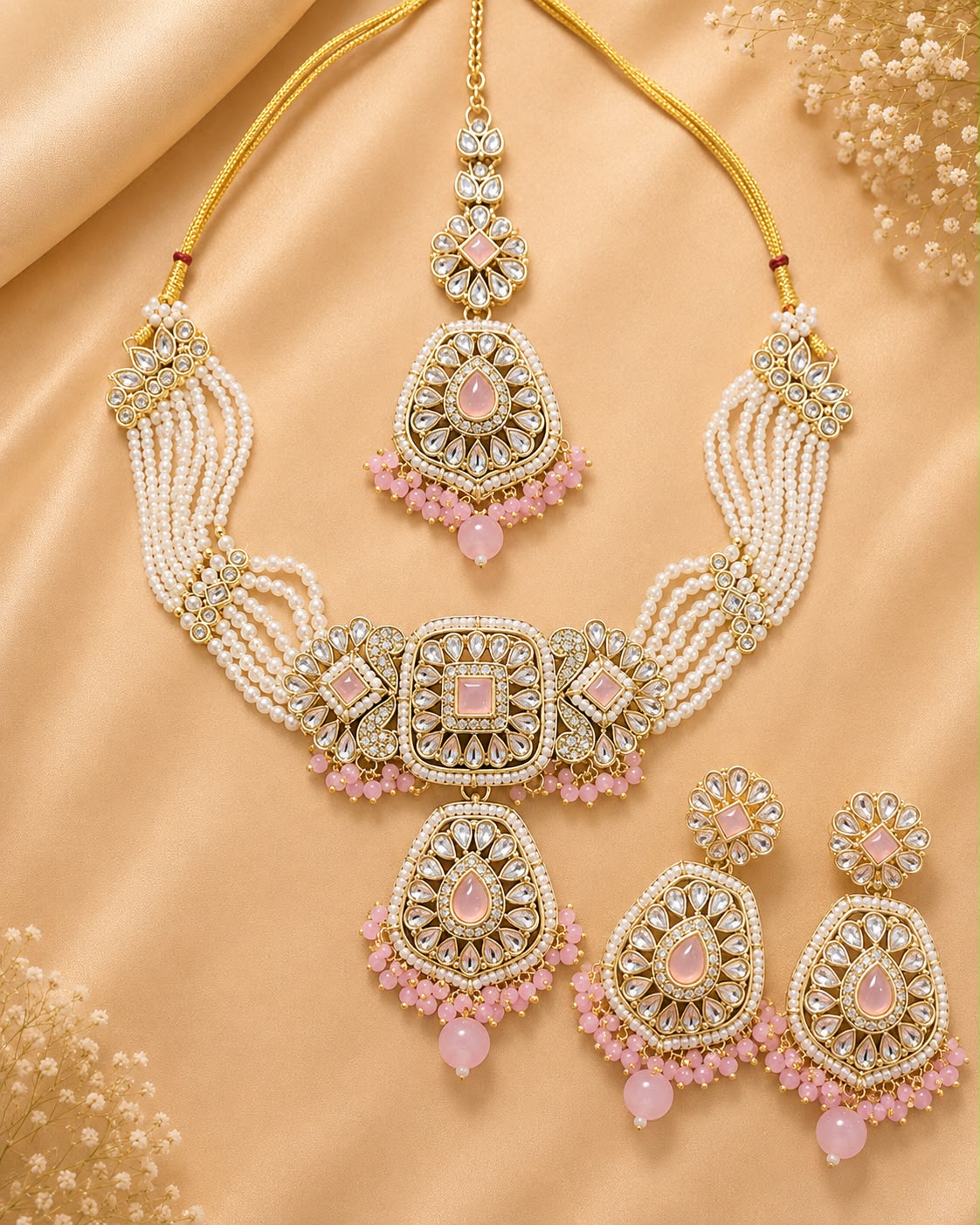 Blush Pink Kundan Pearl Choker Set with Earrings & Maang Tikka