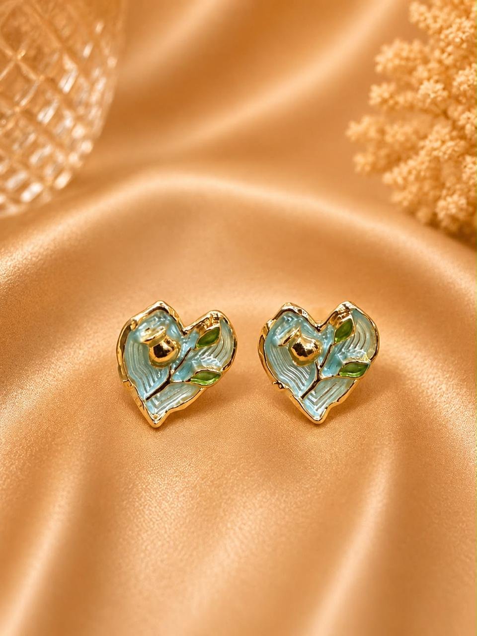 Aqua Floral Heart Stud Earrings