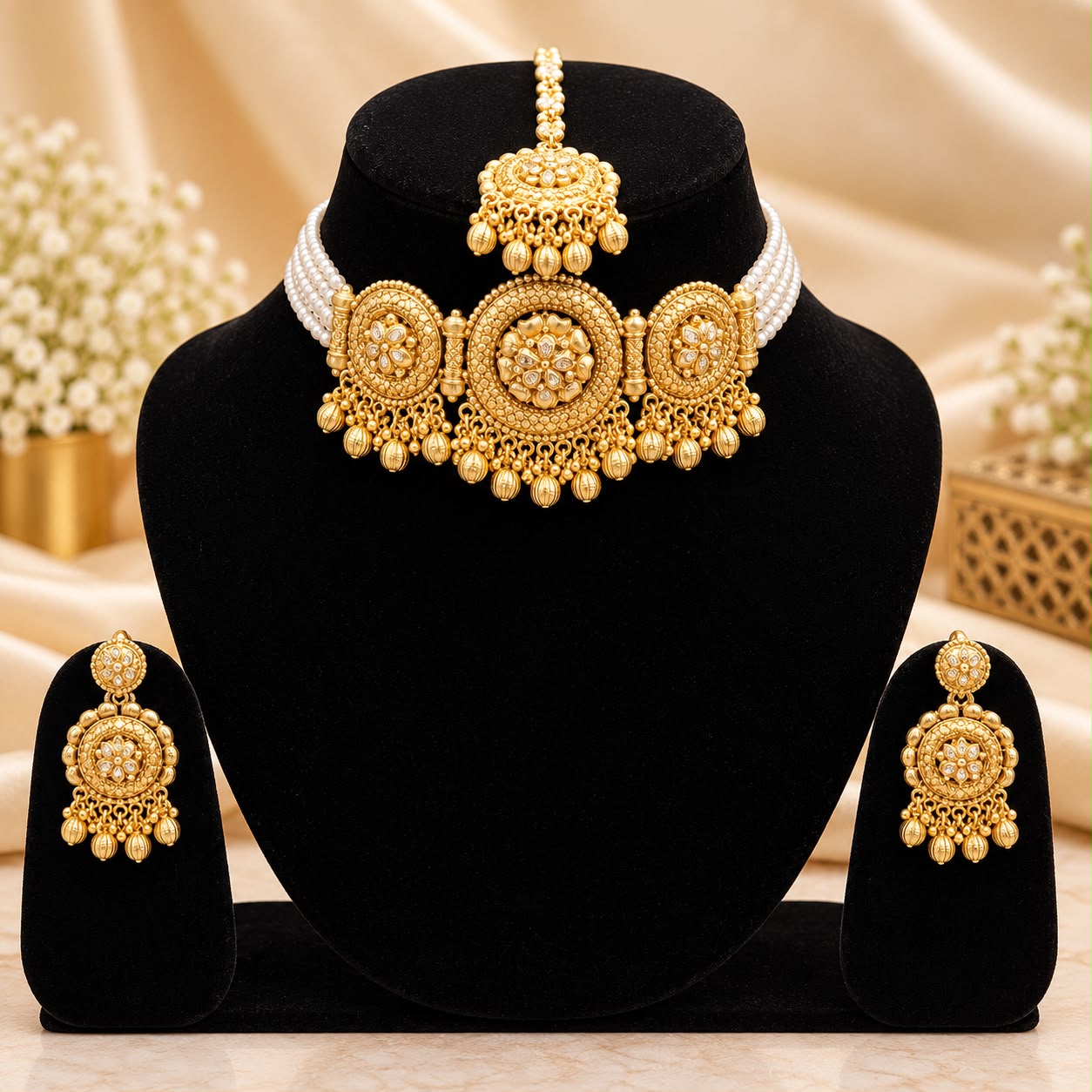 Product Name: Royal Kundan Pearl Bridal Choker Jewellery Set with Earrings & Maang Tikka