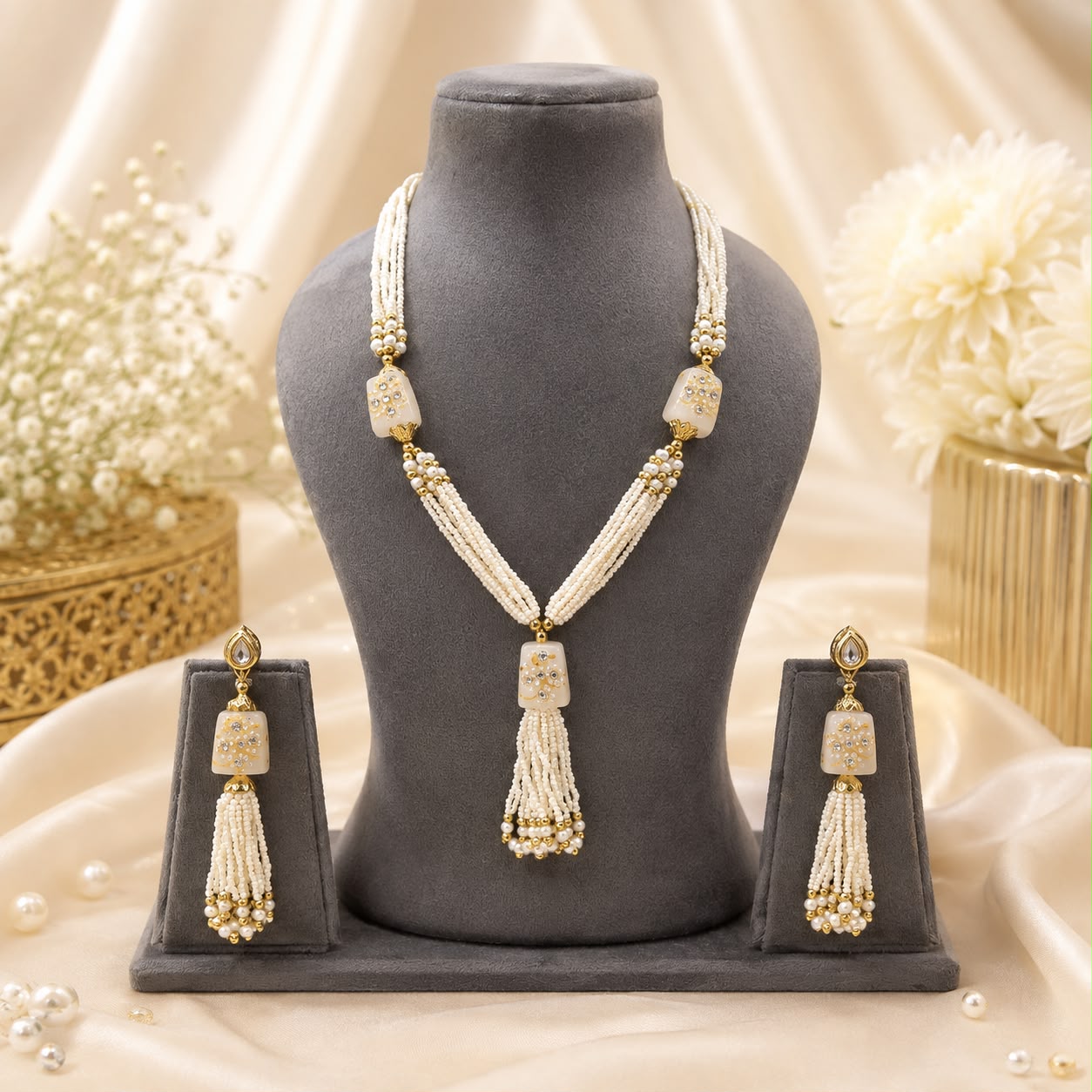 Elegant Pearl Tassel Necklace Set with Earrings