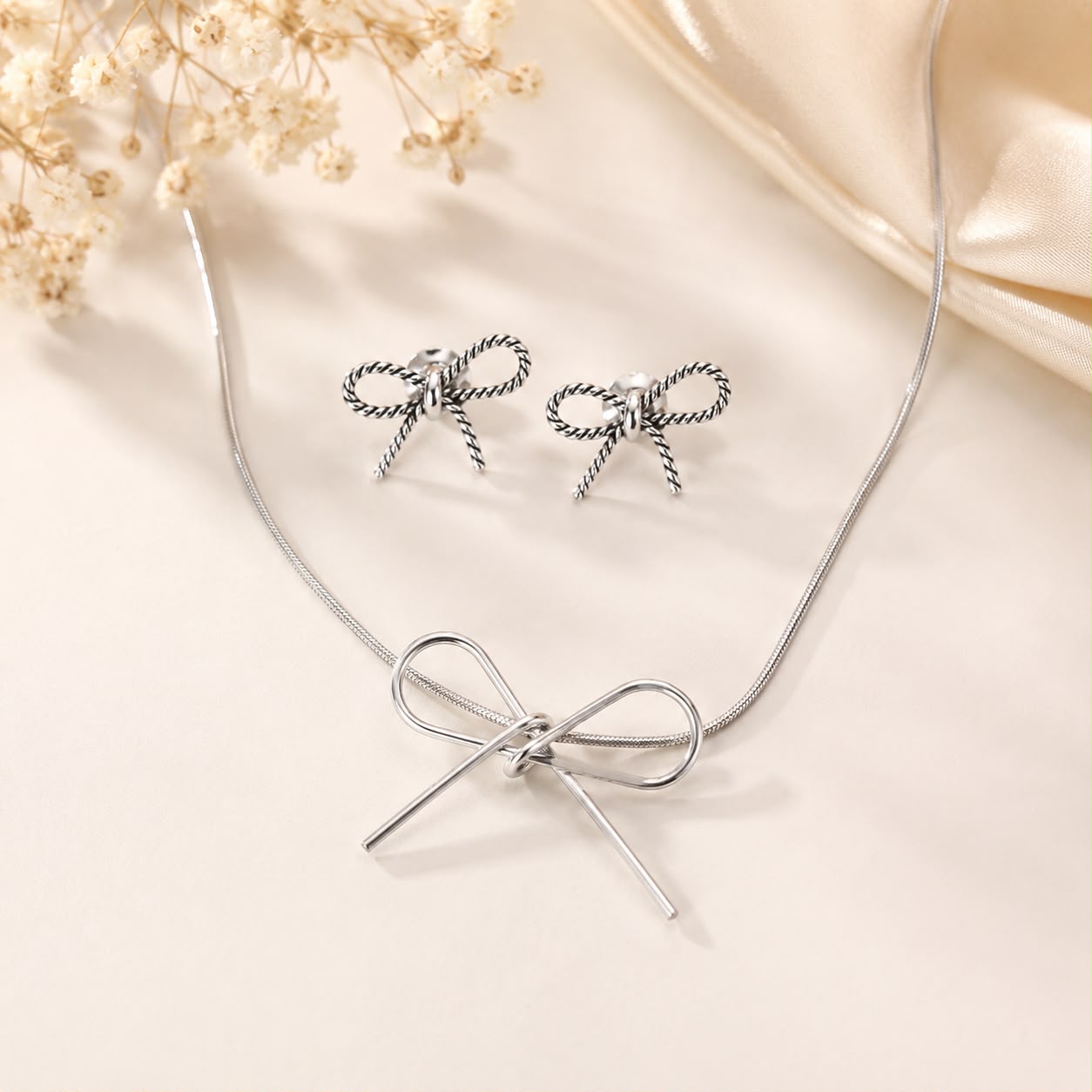 Silver Bow Necklace & Earrings Set