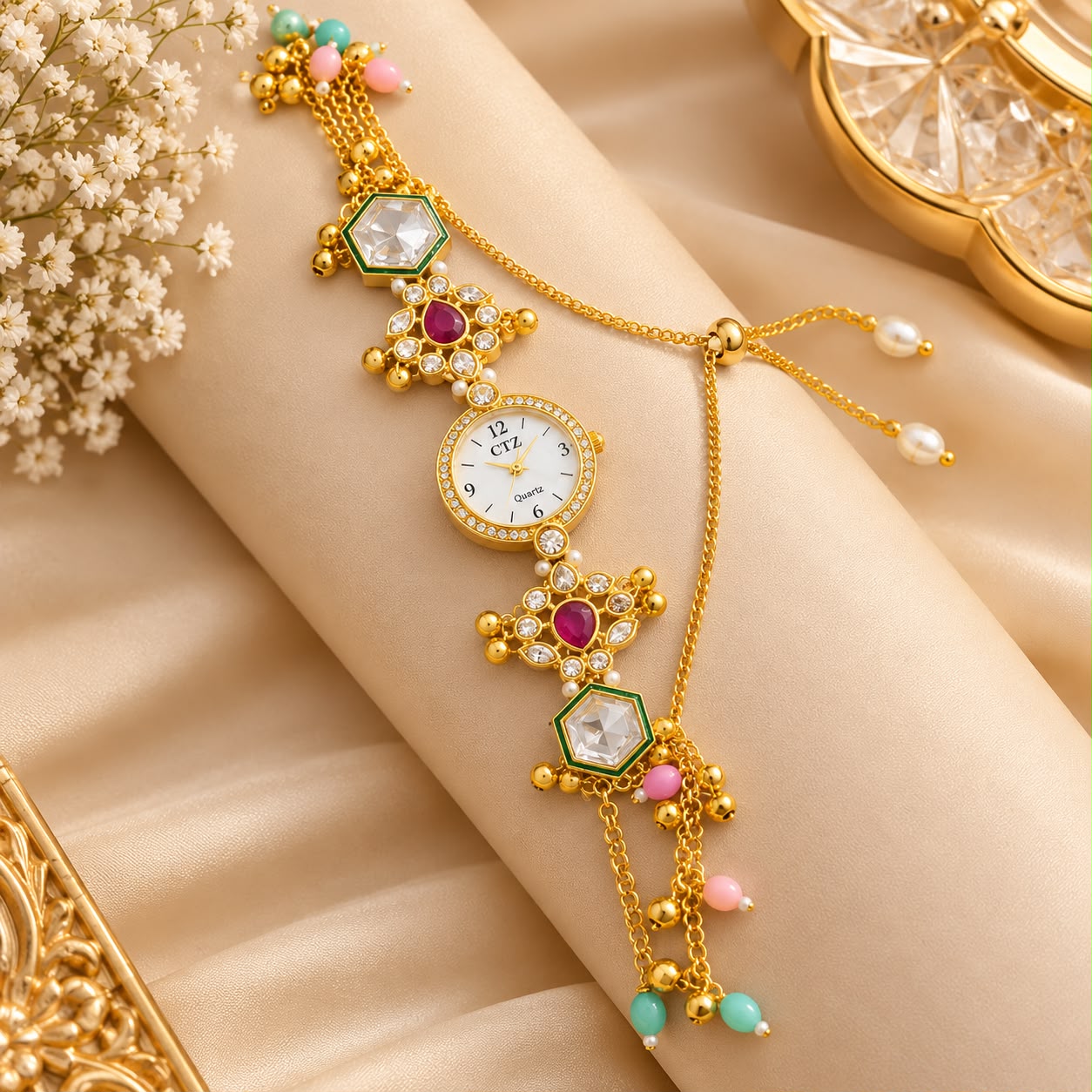 Pink & Mint Pearl Charm Bracelet Watch