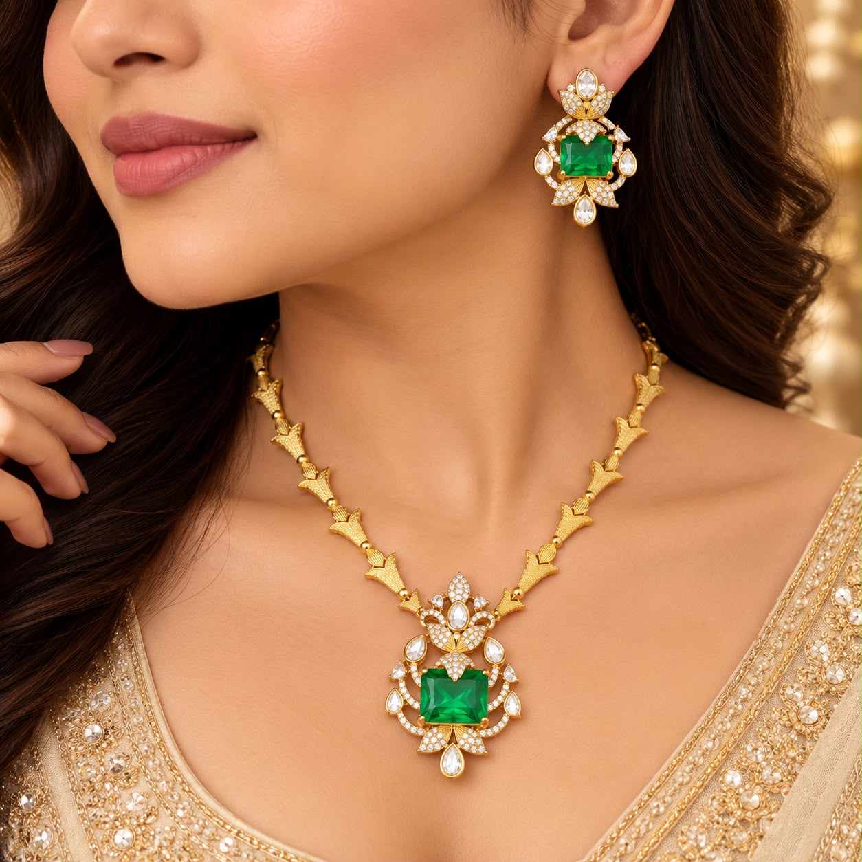 Royal Emerald Green Square Stone Gold-Tone Necklace Set