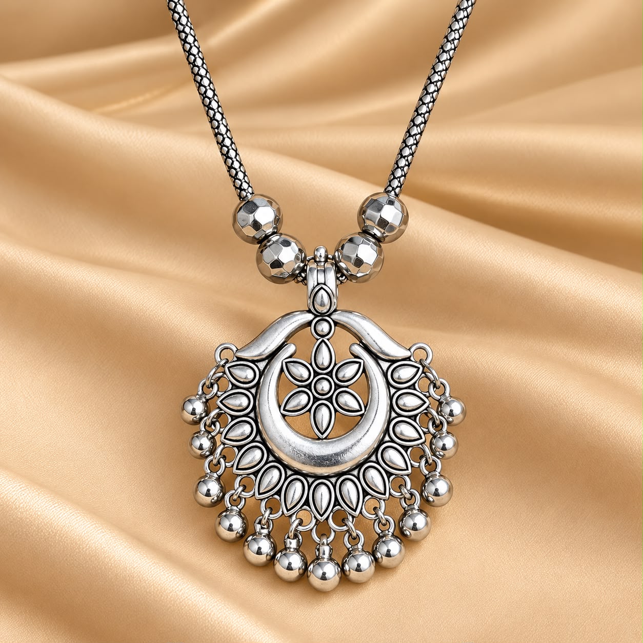 Oxidised Silver Floral Drop Statement Pendant Necklace