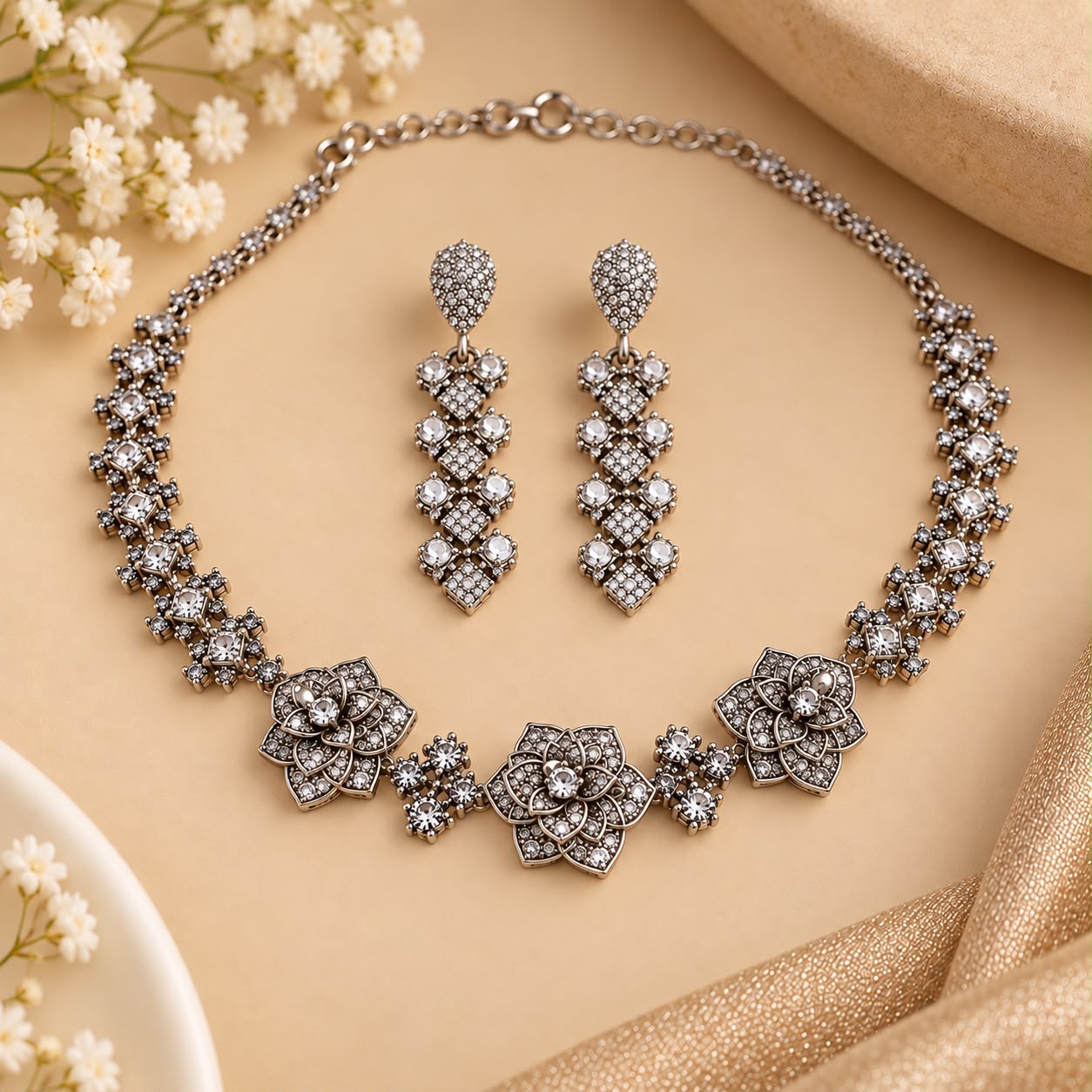 Golden Floral Crystal Necklace & Earrings Set