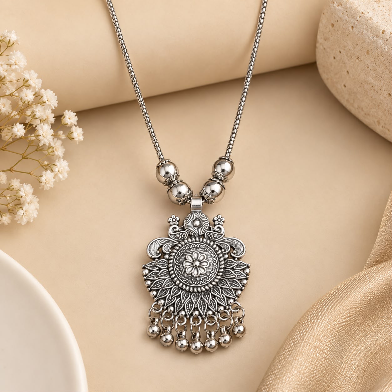 Oxidised Silver Floral Statement Pendant Necklace