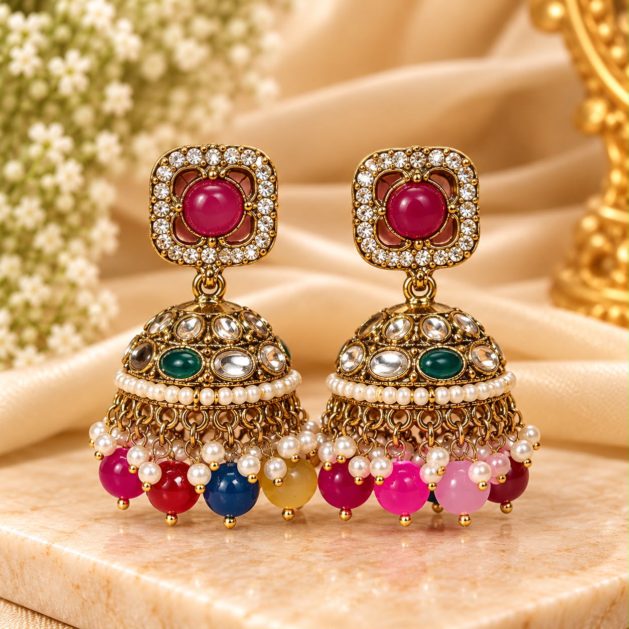 Ruby Pink Multicolor Pearl Jhumka Earrings