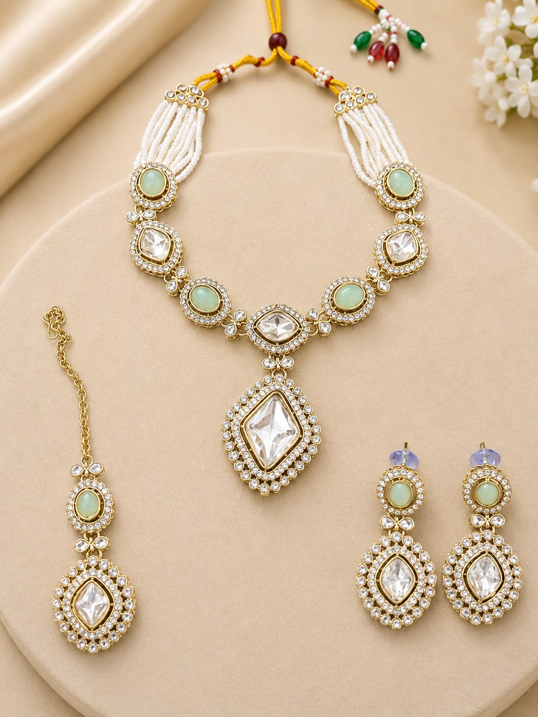Mint Green Kundan Pearl Pendant Necklace Set with Earrings & Maang Tikka