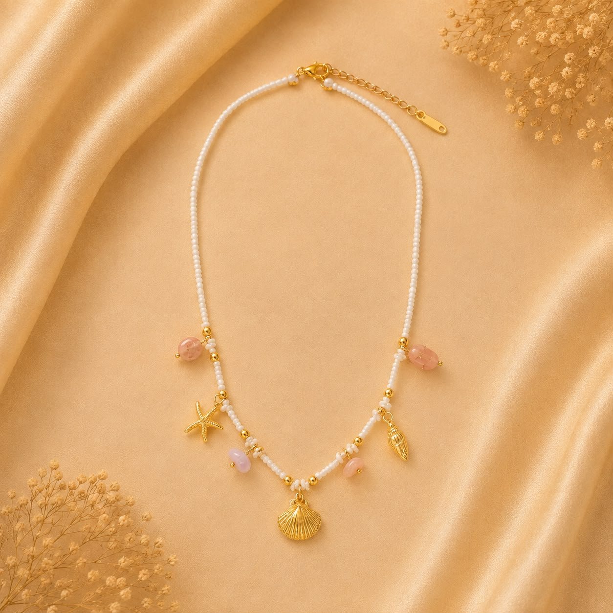 Product Name: Pearl & Pink Stone Shell Charm Necklace