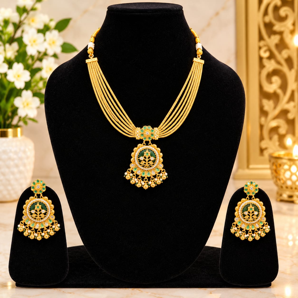 Product Name: Emerald Green Multi-Strand Pendant Necklace Set