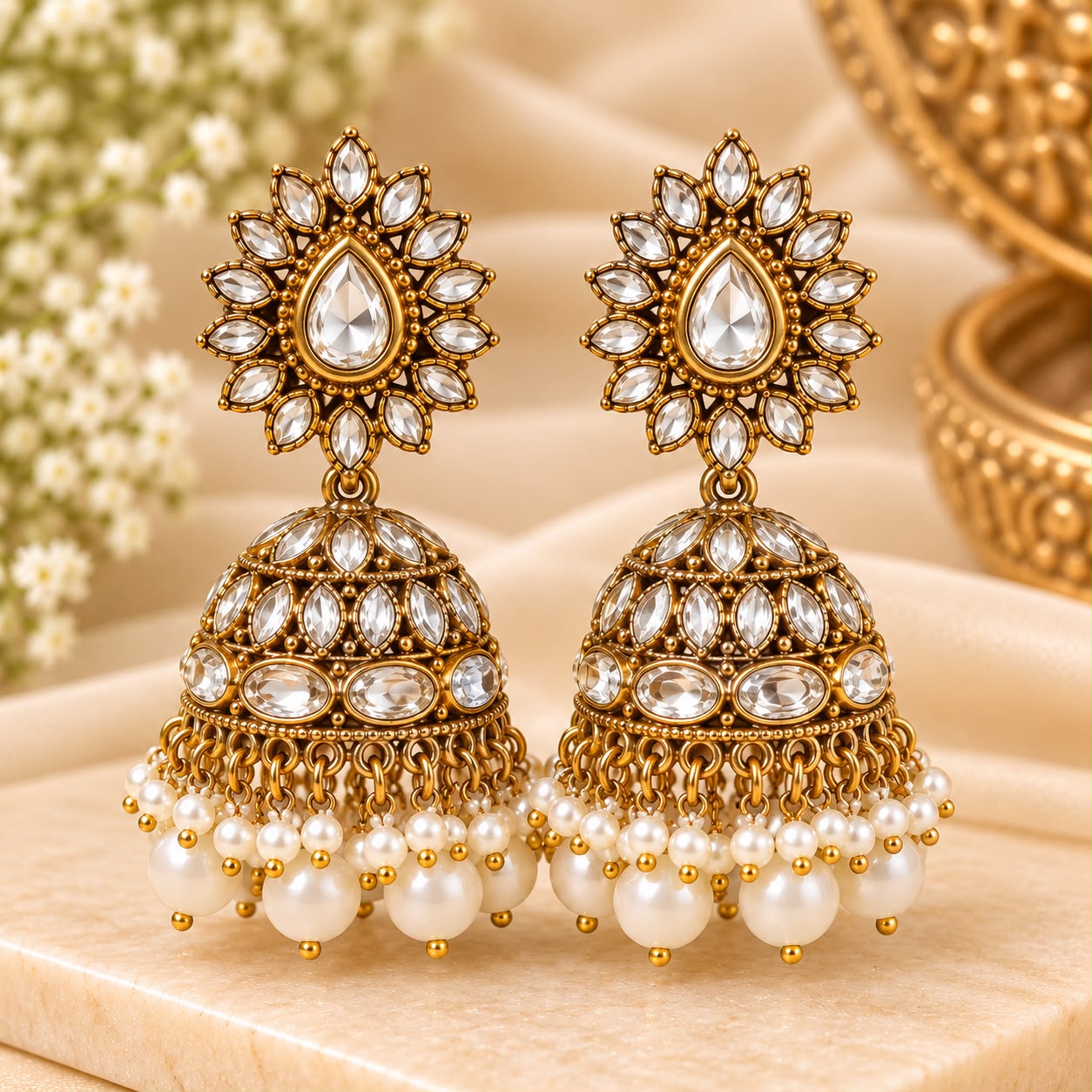 Gold-Tone White Stone Pearl Jhumka Earrings