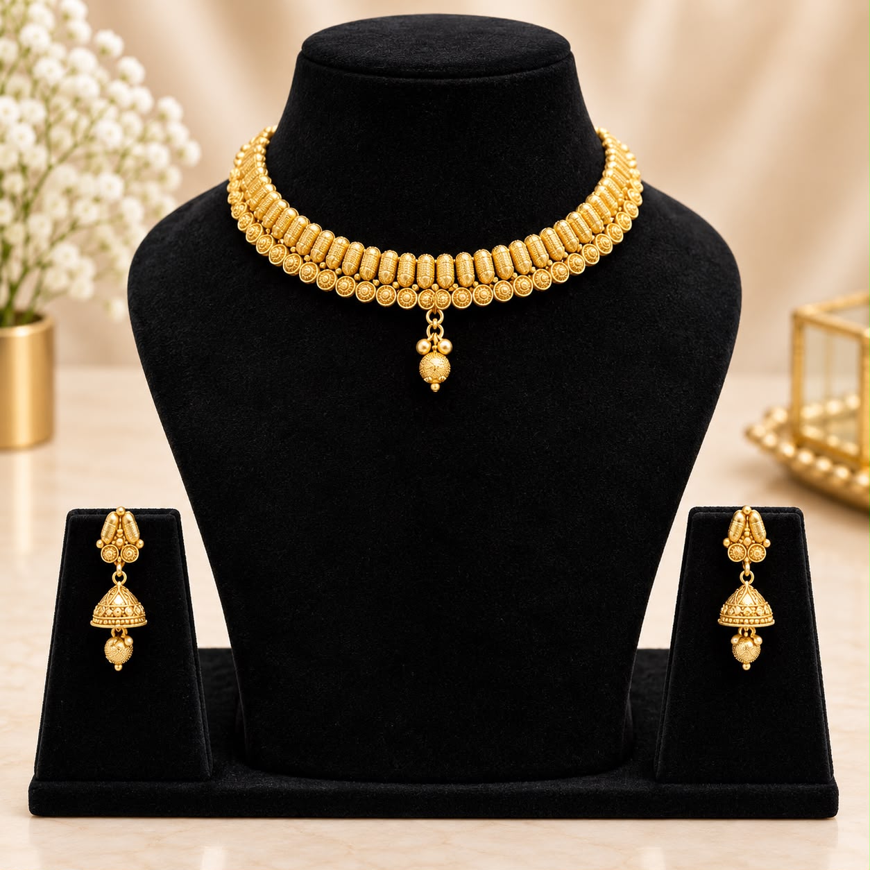 Traditional Gold Jhumka Choker Necklace Set