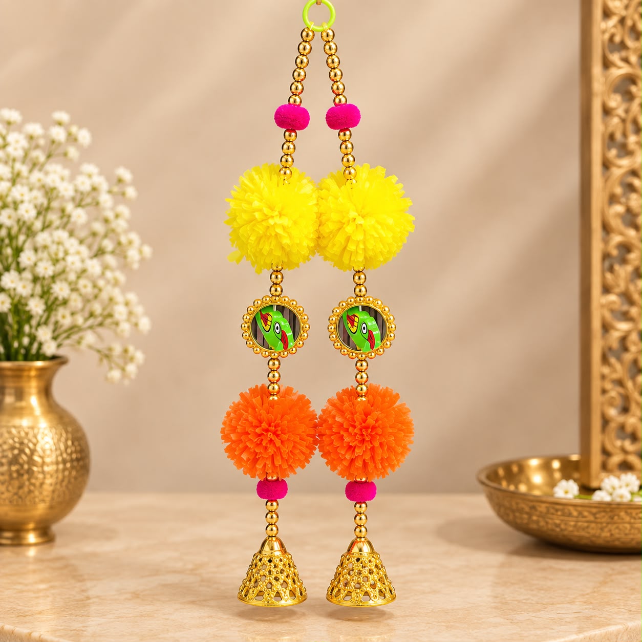 Product Name: Festive Yellow & Orange Pom Pom Parrot Latkan Pair