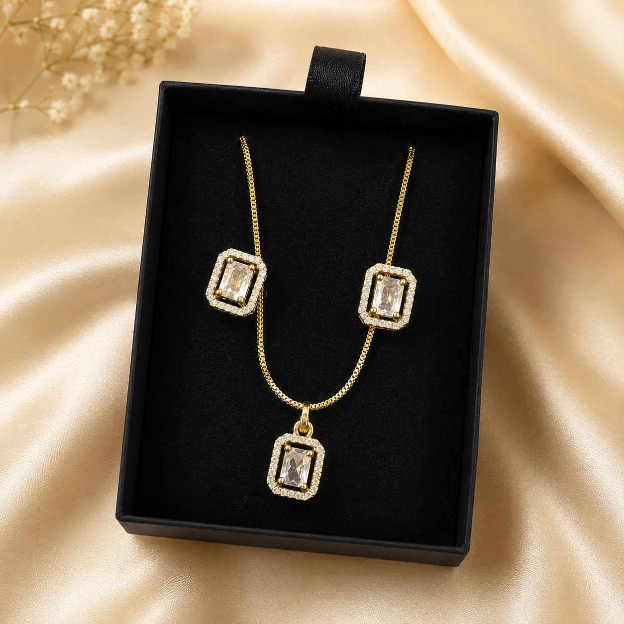 AD Emerald Cut Pendant Set with Matching Stud Earrings – Gold Finish