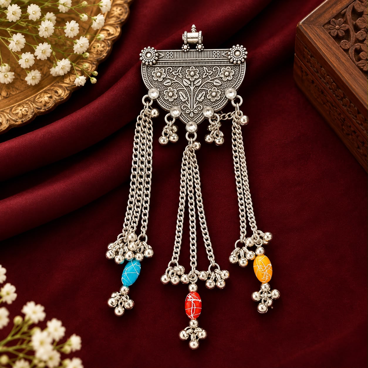 Multicolour Floral Oxidised Long Pendant
