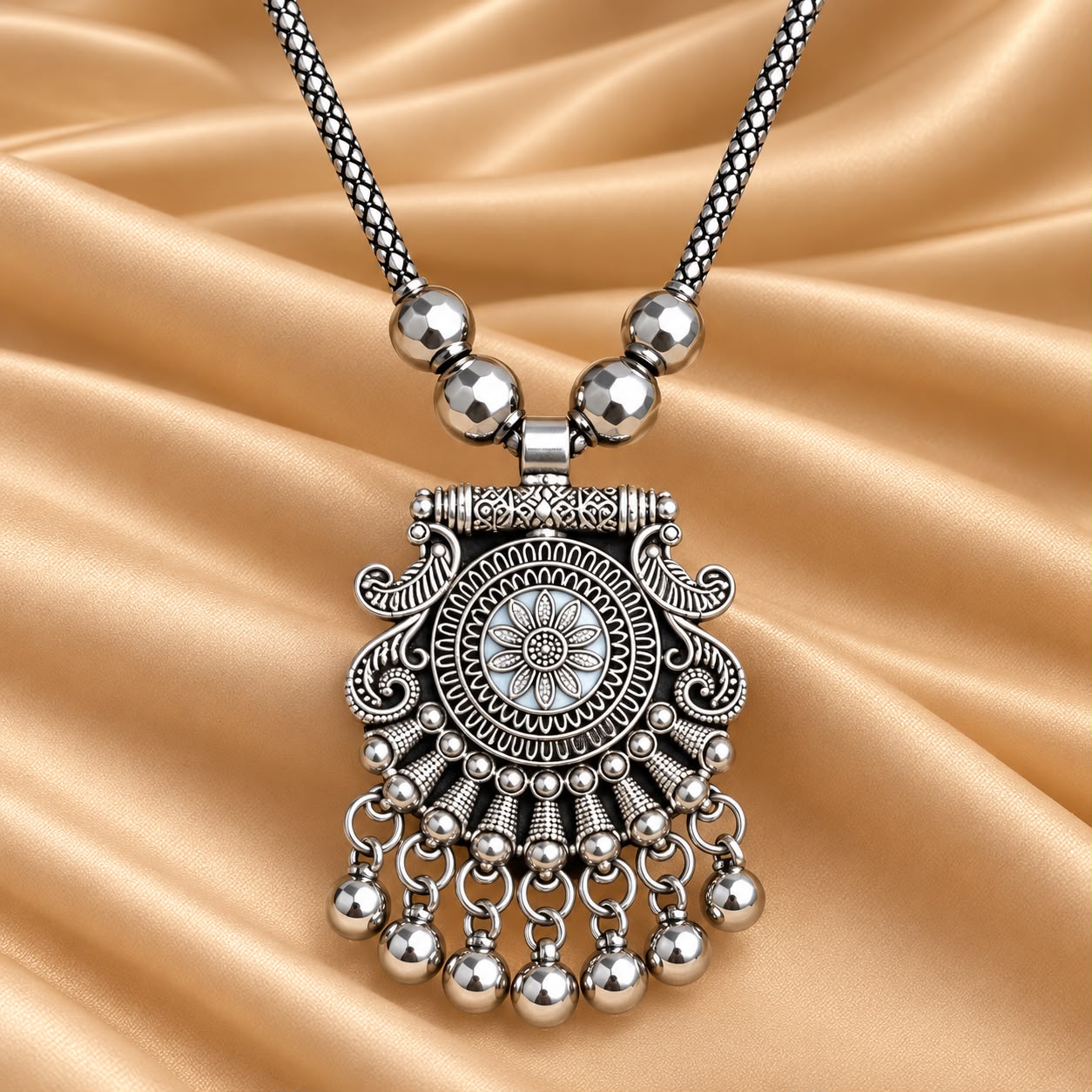 Oxidised Silver Floral Mandala Statement Pendant Necklace