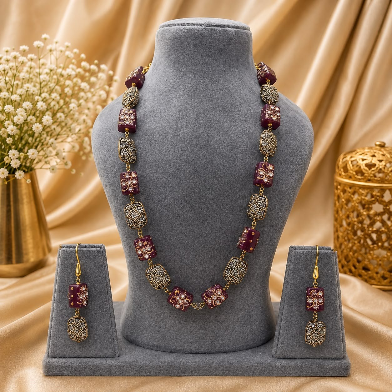 Maroon & Antique Gold Beaded Long Necklace SetUBS-NK-MAR-001
