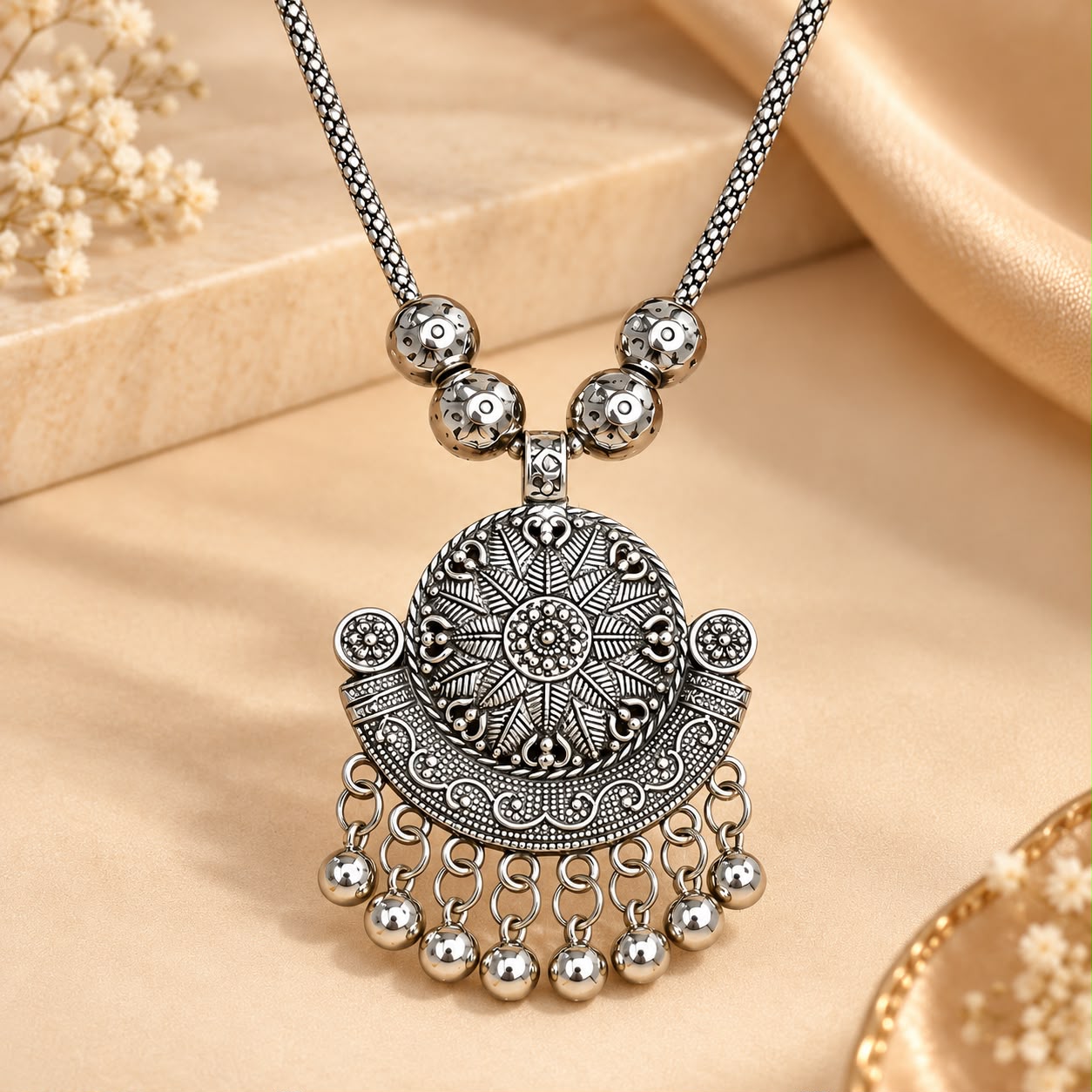 Oxidised Silver Round Mandala Statement Pendant Necklace