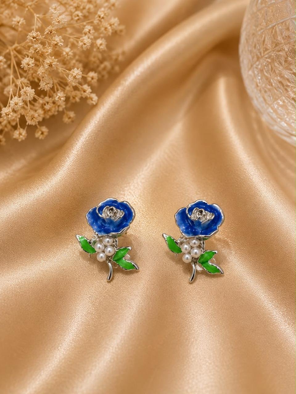Blue Rose Pearl Floral Stud Earrings