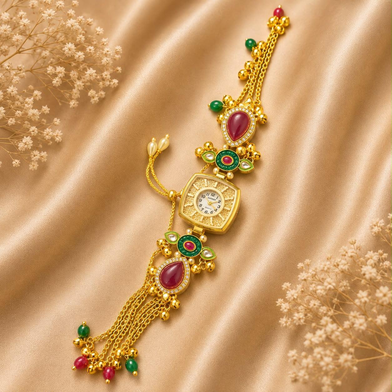 Royal Kundan Watch Rakhi with Multicolor Stone Tassels