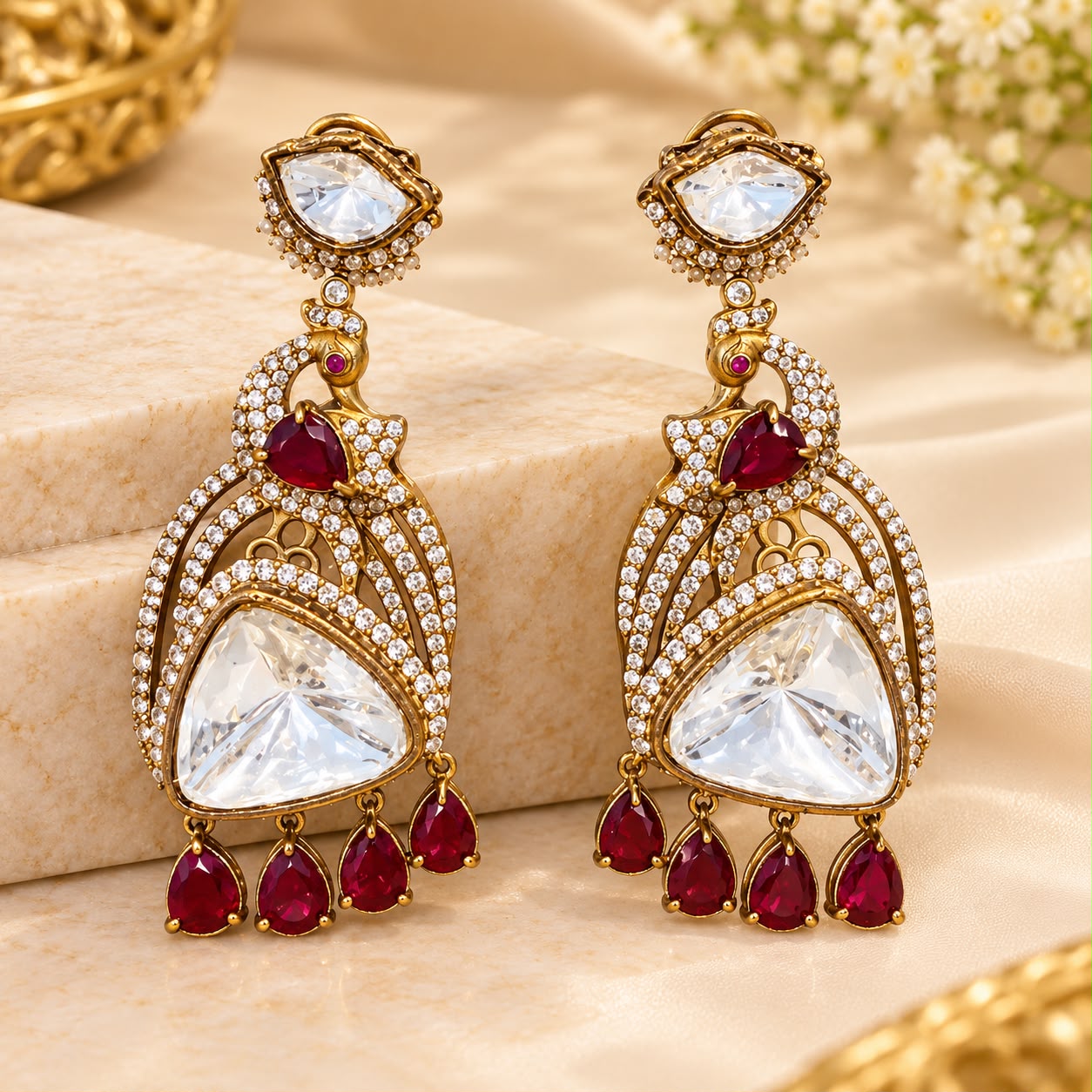 Ruby Red Crystal Peacock Statement Earrings