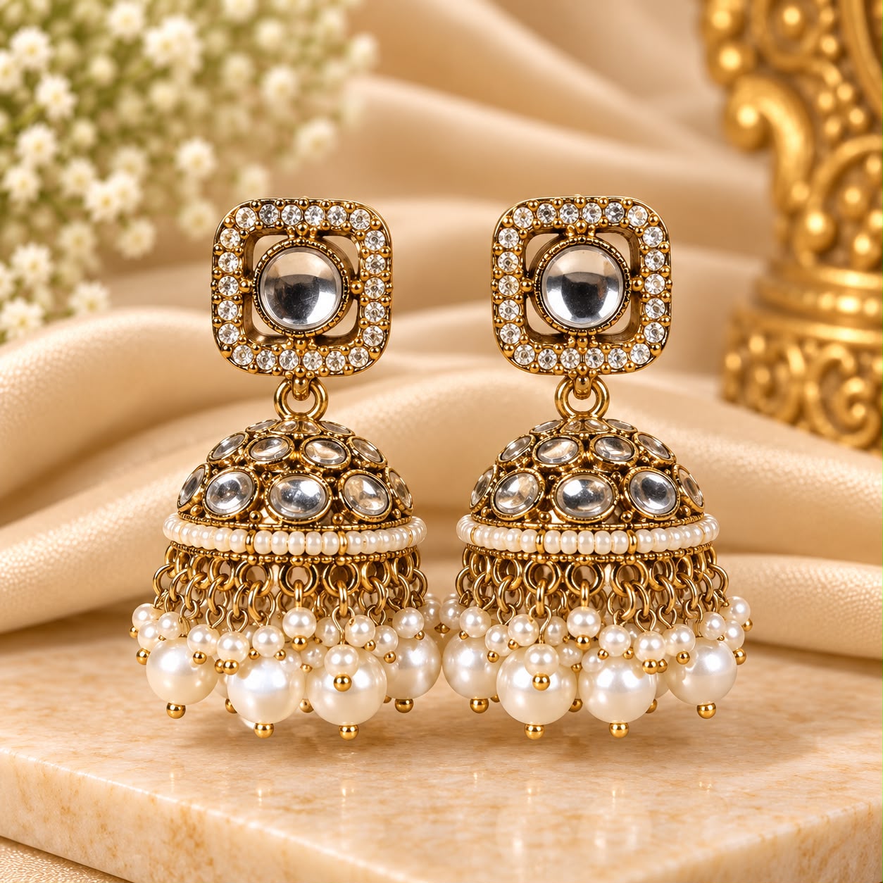 Silver Stone Pearl Drop Jhumka Earrings