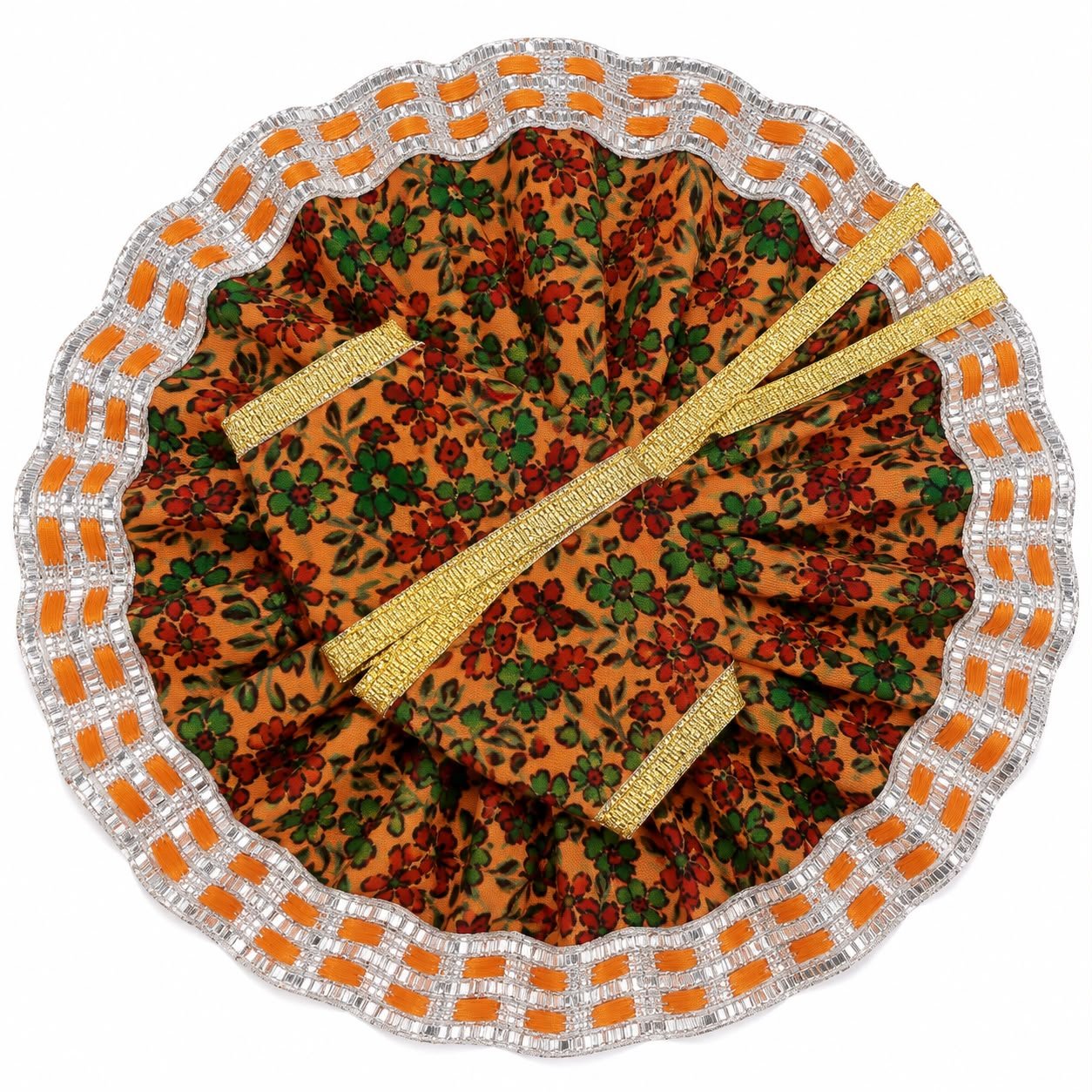 Orange Floral Print Laddu Gopal Poshak with Silver Zari Border