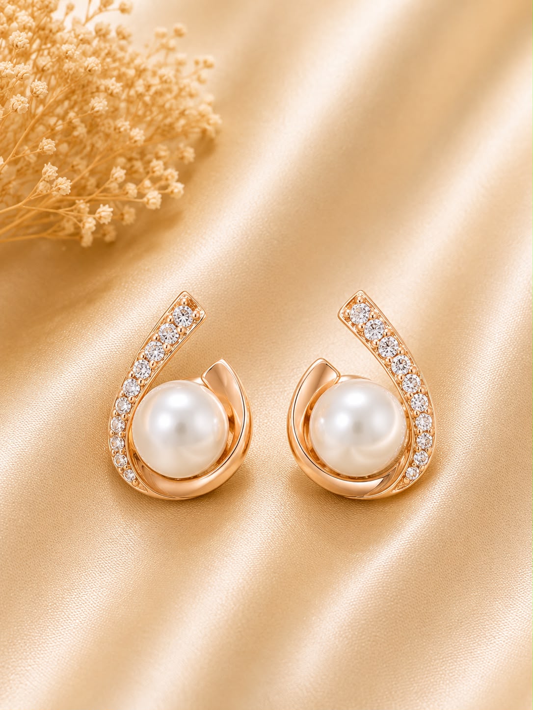 Luxury Rose Gold Pearl Stud Earrings