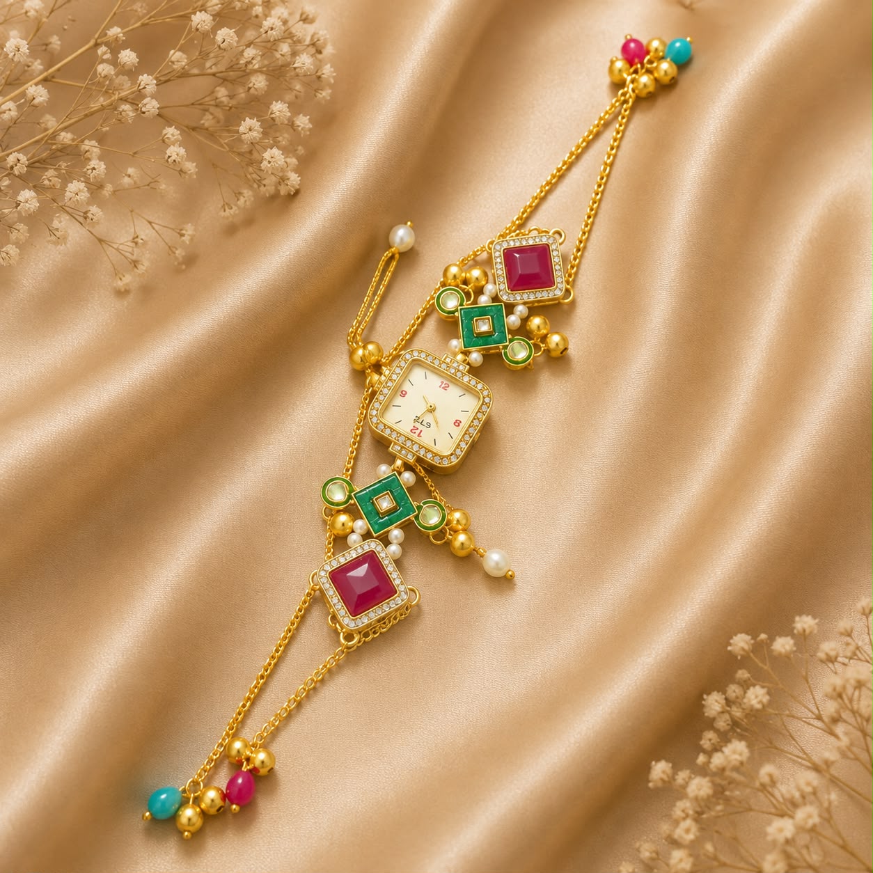 Premium Designer Watch Rakhi with Kundan & Pearl Detailing