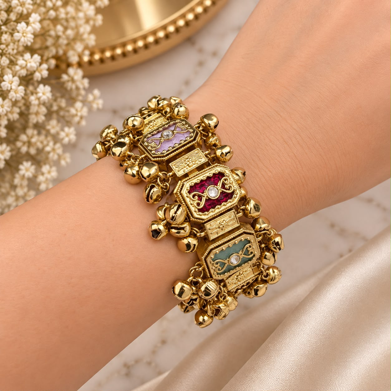 Traditional Kundan Meenakari Ghungroo Bracelet