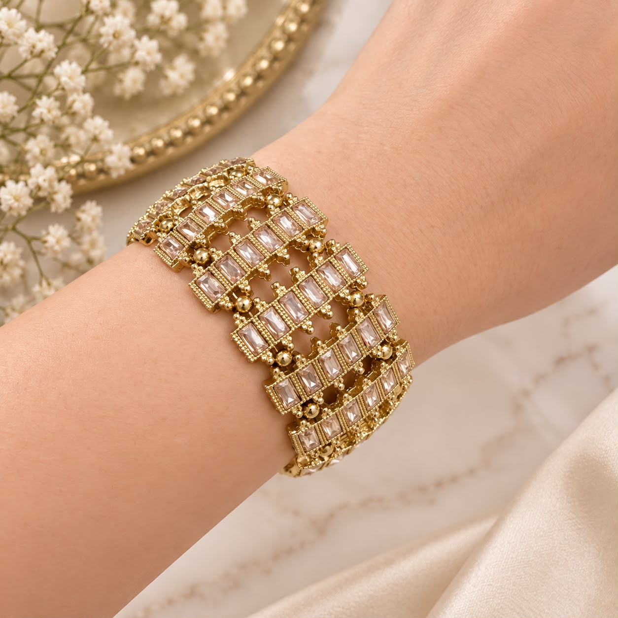 Elegant Crystal Gold-Tone Broad Statement Bracelet