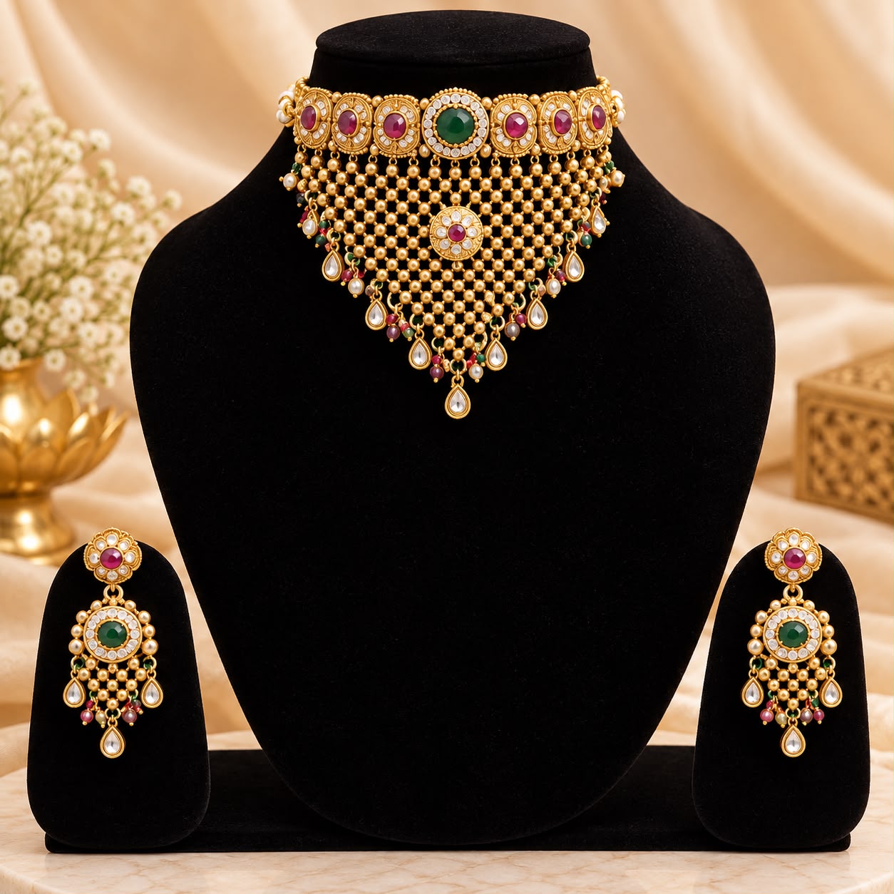 Product Name: Royal Multicolor Kundan Pearl Choker Necklace Set with Earrings