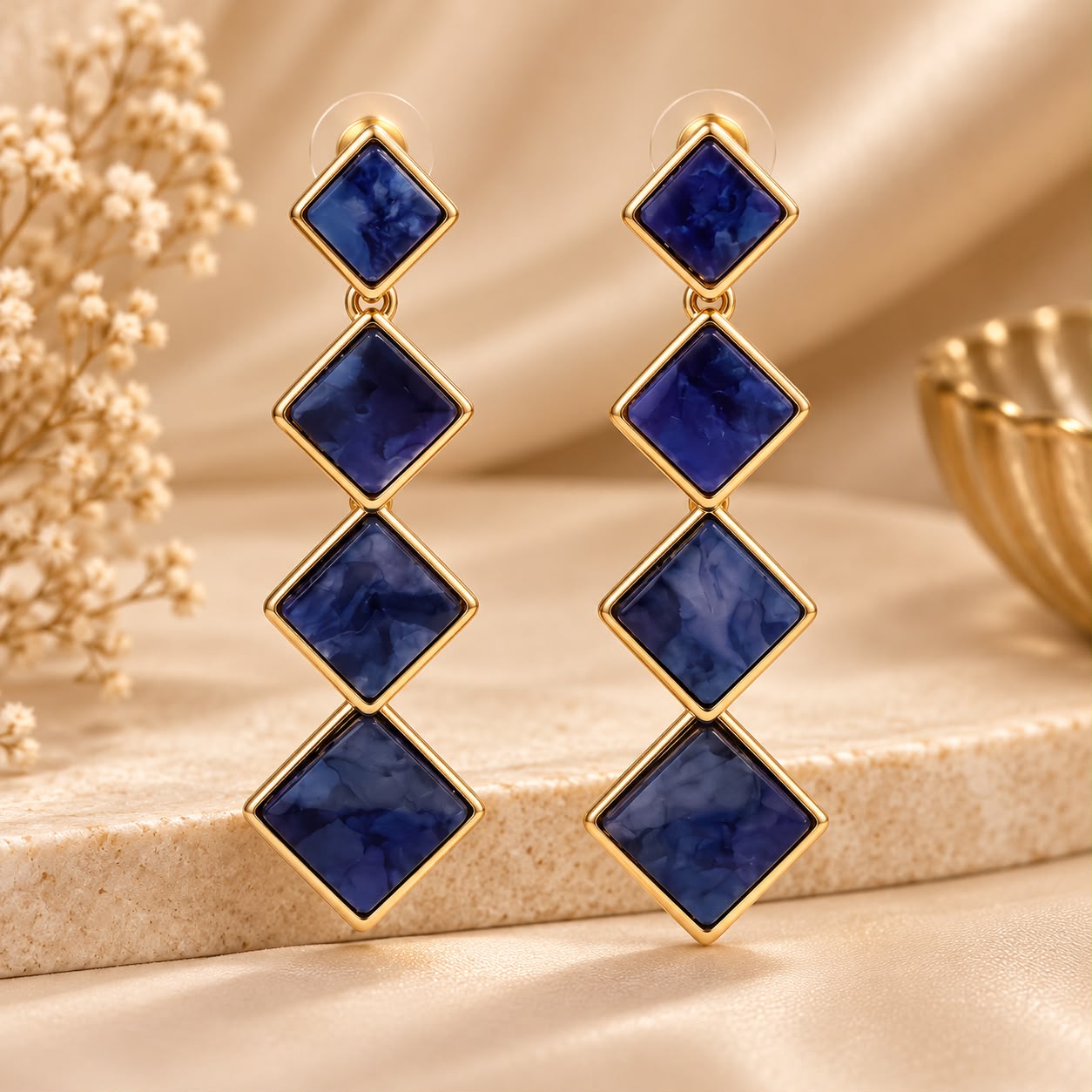 Royal Blue Geometric 4-Tier Statement Drop Earrings