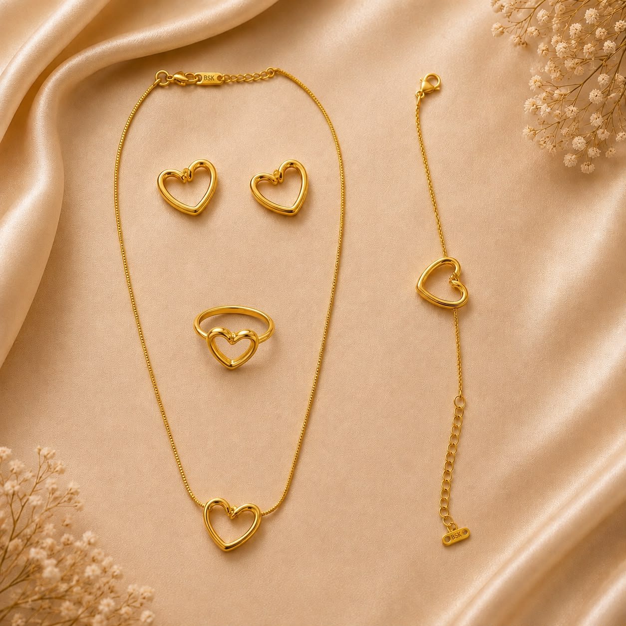 Product Name: Golden Heart Link Necklace, Earrings, Ring & Bracelet Set