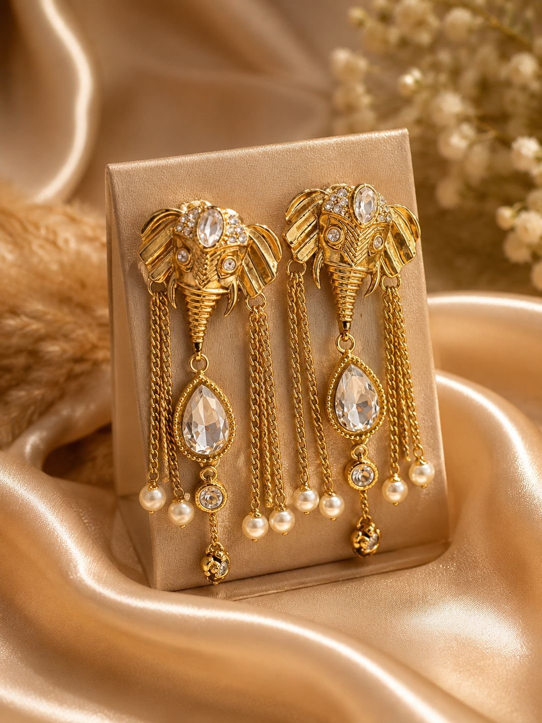 Royal Elephant Crystal Long Drop Earrings