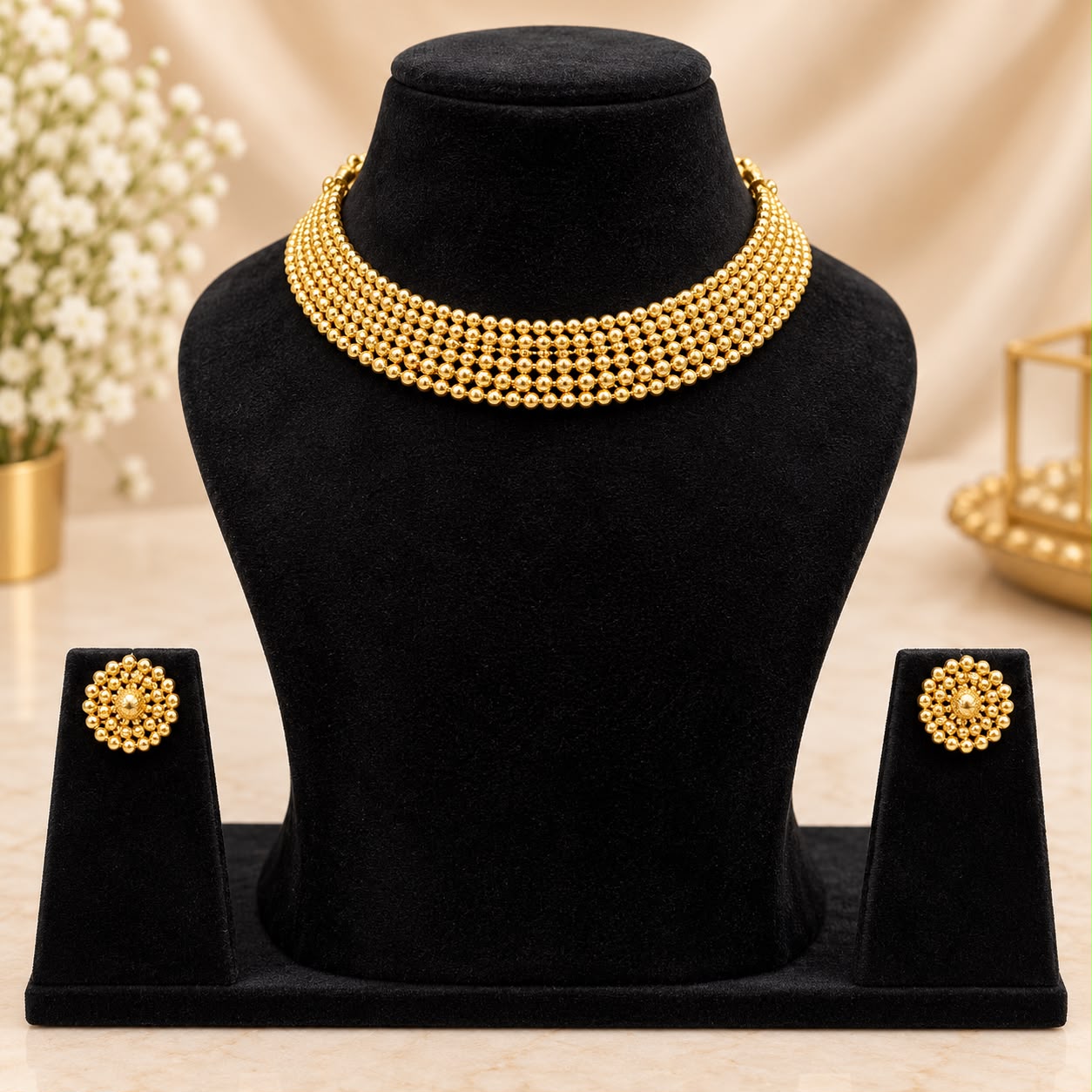 Golden Beaded Layered Necklace Set
