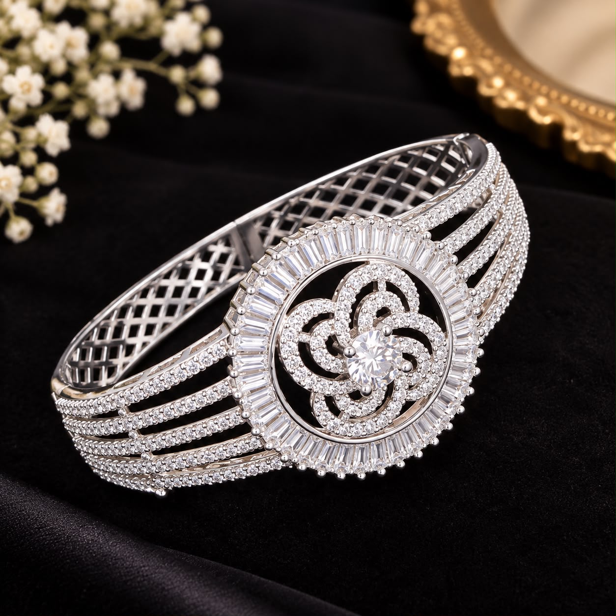 Product Name: Silver Floral Halo CZ Statement Cuff
