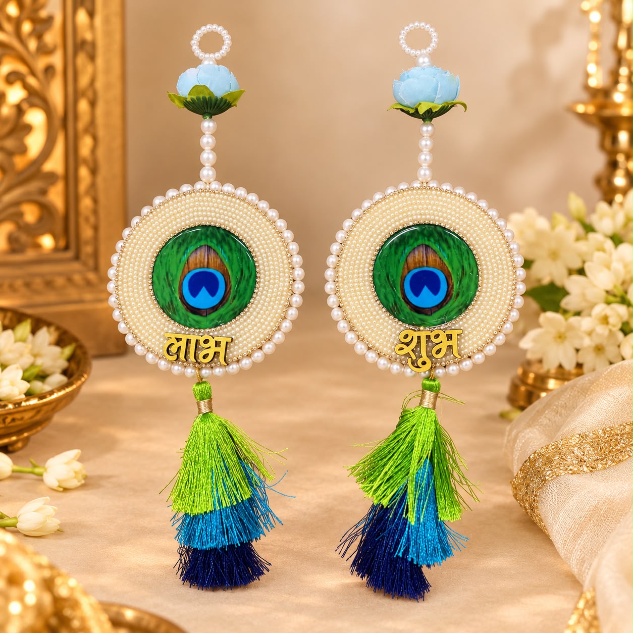 Green Blue Peacock Feather Shubh Labh Decorative Hanging
