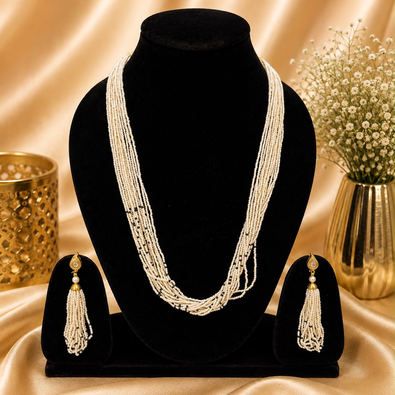 Product Name: Pearl Layered Beaded Long Necklace Set with Tassel Earrings
