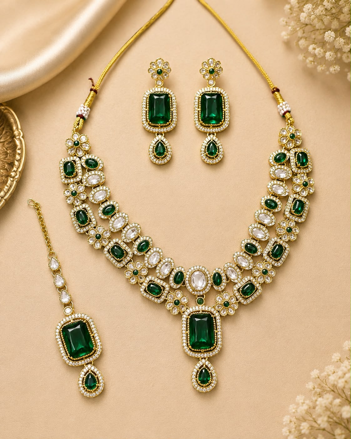 Emerald Green Kundan Bridal Necklace Set with Earrings & Maang Tikka