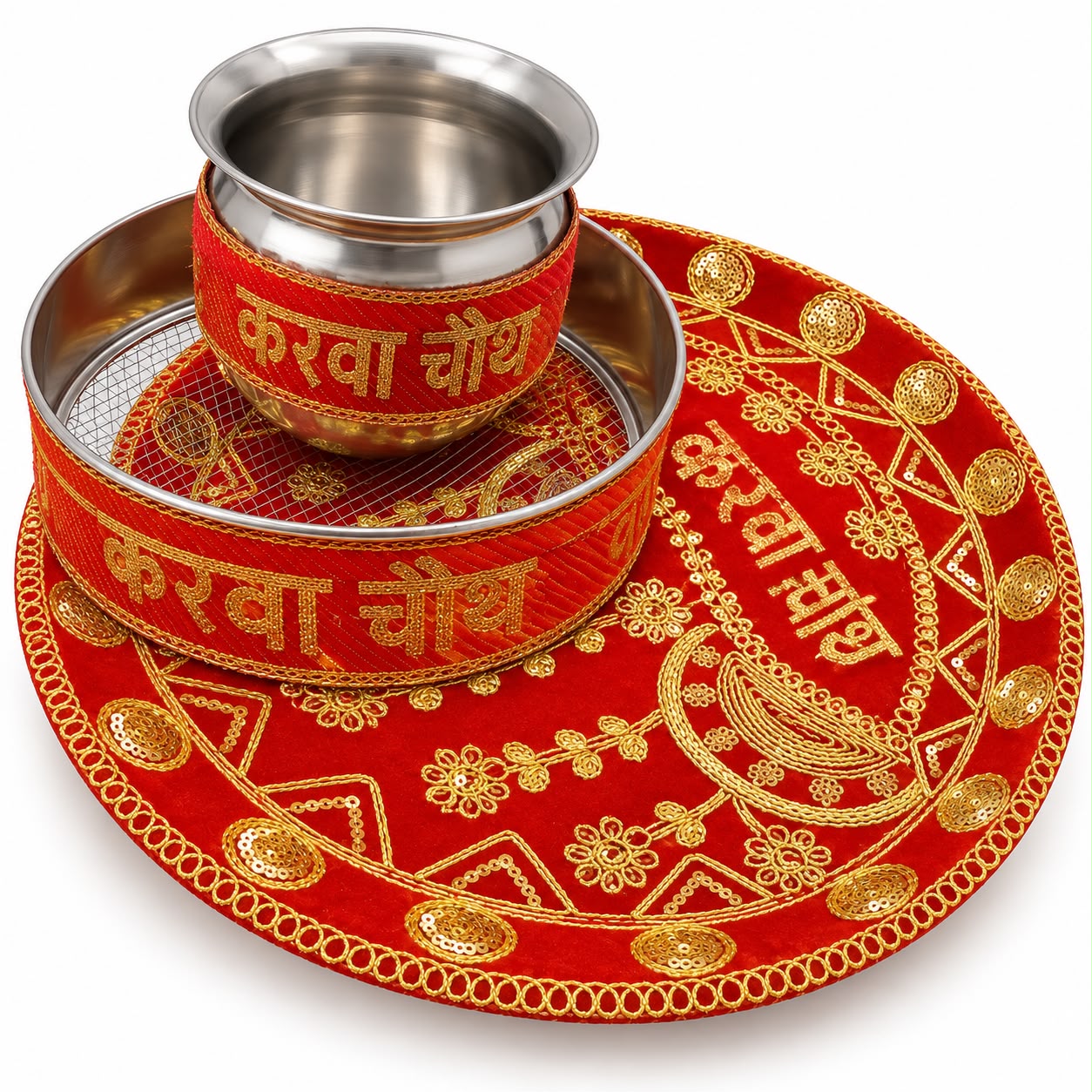 Red Velvet Karwa Chauth Pooja Thali Set – Suhaag Special