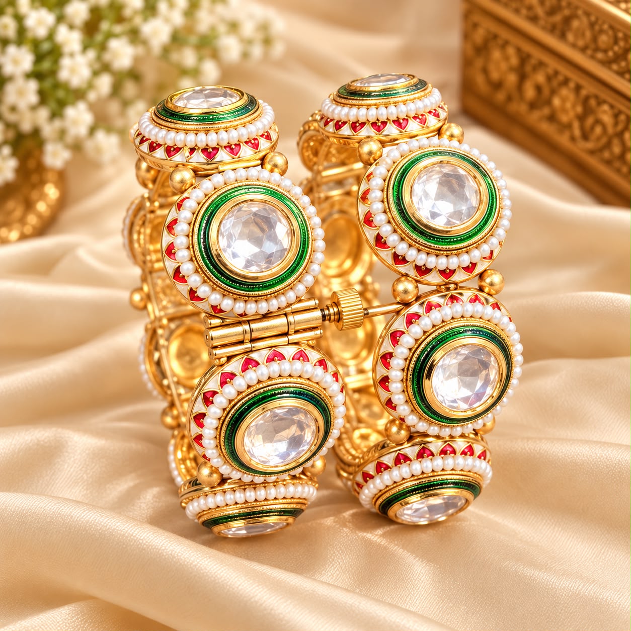 Product Name: Royal Kundan Meenakari Pearl Statement Bracelet pack of 2