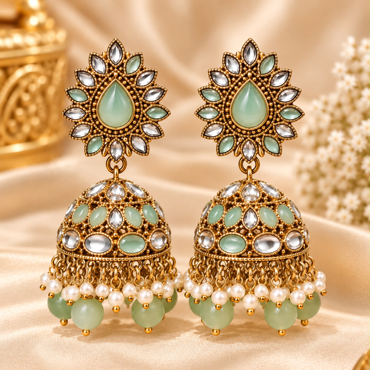 Mint Green Kundan Pearl Jhumka Earrings