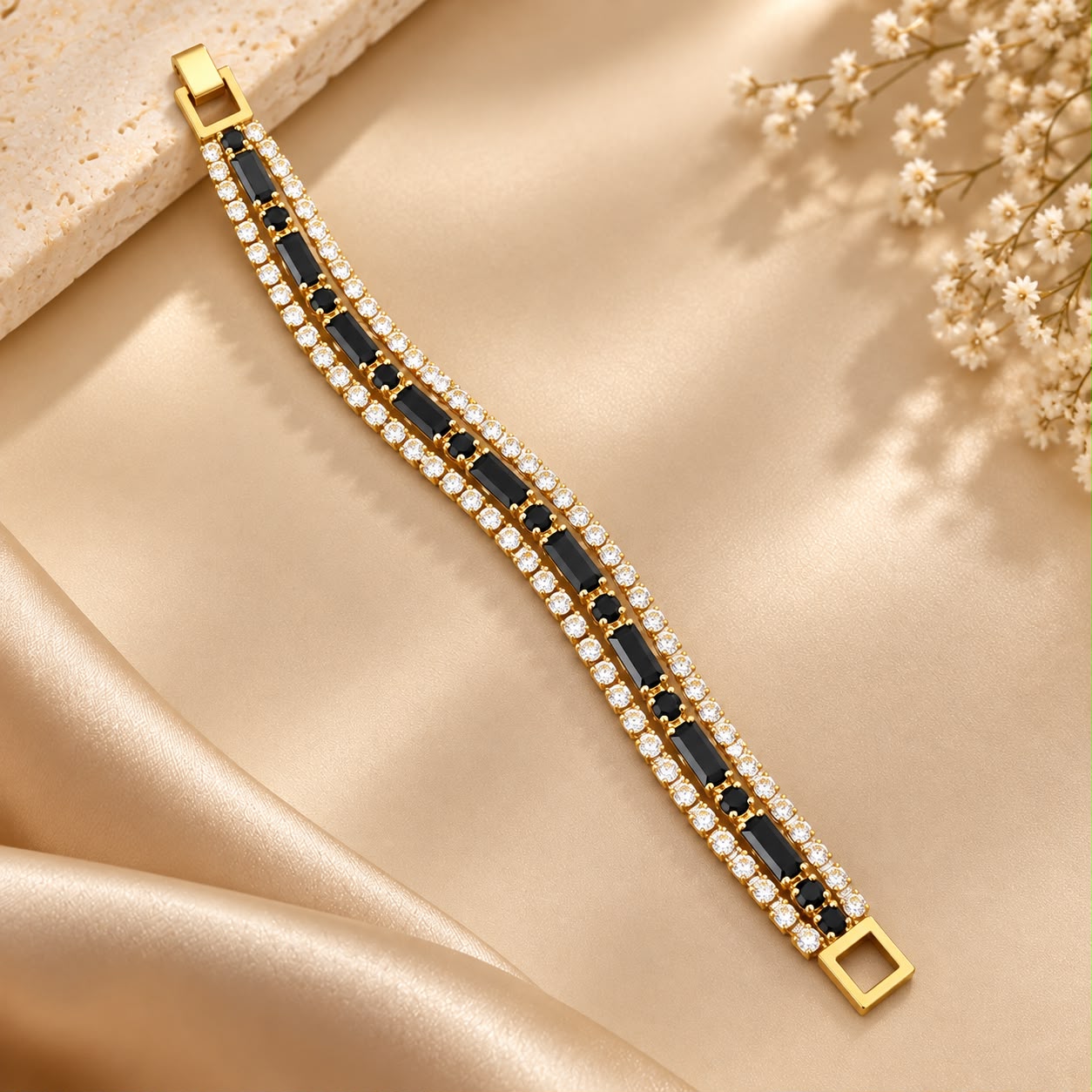 Product Name: Black & White CZ Gold-Tone Link Bracelet